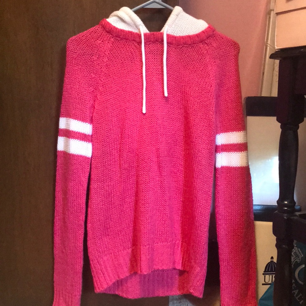 Pink and White Sweater with Hood
